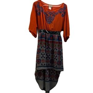 Flying tomato embroidered boho dress small. Orange bodice, gray velvet waist